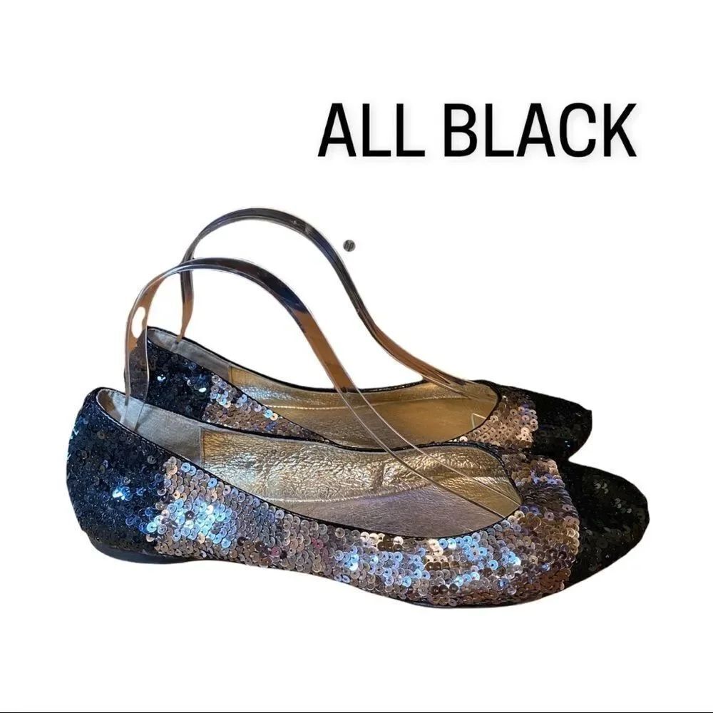All Black Women's Black Silver Sequin Leather Slip On Ballet Flats 40 10